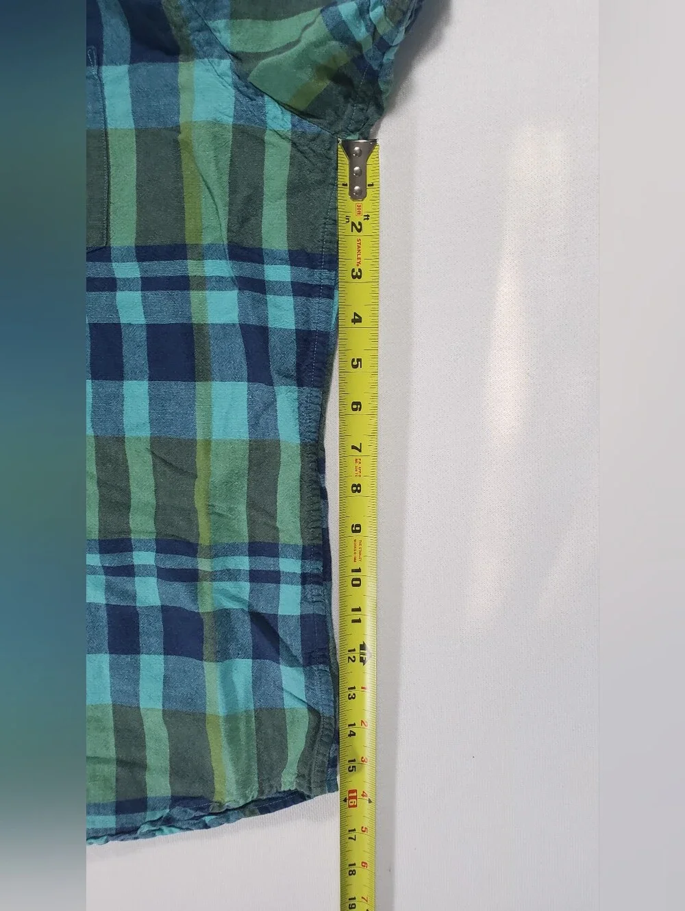 Banana Republic Mens XL Shirt Blue Green Plaid Linen Cotton Short Sleeve Pocket
